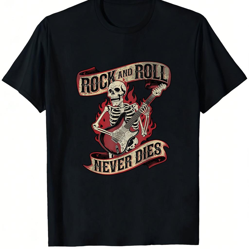 Rock and Roll Never Dies Vintage Rock Music T-Shirt Red Skeleton Guitar Graphic Short Sleeve Round Neck Casual Tee for Men Women