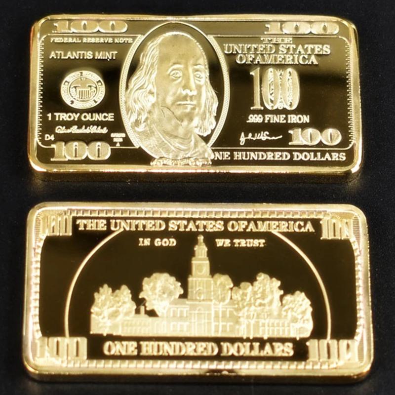 USA 100 Dollar Bullion 24k Gold Bar American Metal Coin Golden Bars USD with gif 1pc