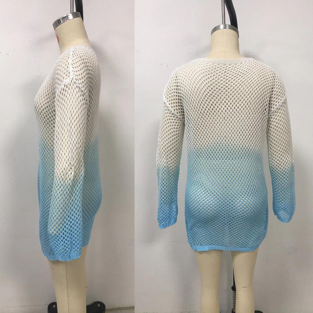 Women's Hollow Out Sexy Bikini Outer Gradient Beach Pullover Long Sleeve Cover Up