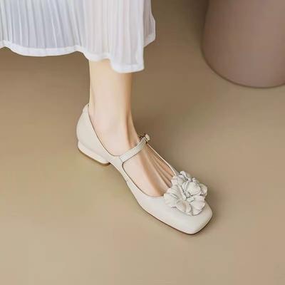 Chaussures Mary Jane à Bout Carré et Grandes Fleurs à Bouche Peu Profonde pour Femmes Cent Assorties Commuting OL Rugueuses avec Chaussures Simples Souples