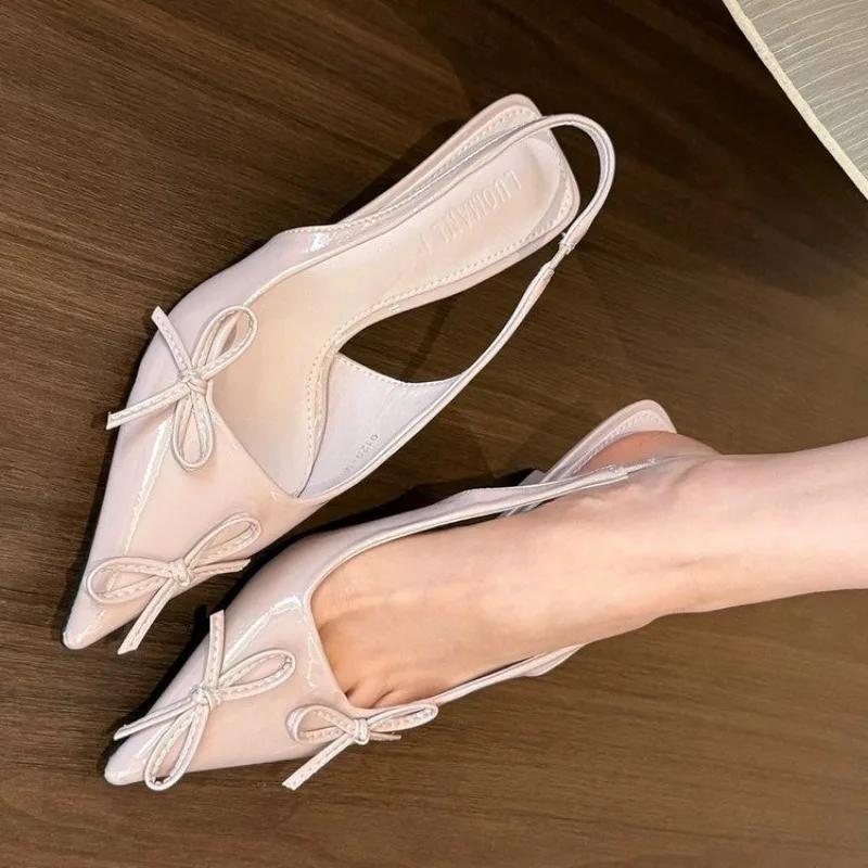 Bow Pointed Toe Women's Sandals Fad Elegant Shallow Mid Heels Shoes Spring Designer Pumps 2025 Trend Dress Sandalias De Mujer