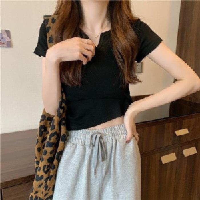 Small V-neck Short Design Slim Body Suit for Women In Summer Navel Exposed Solid Color Short-sleeved T-shirt for Women