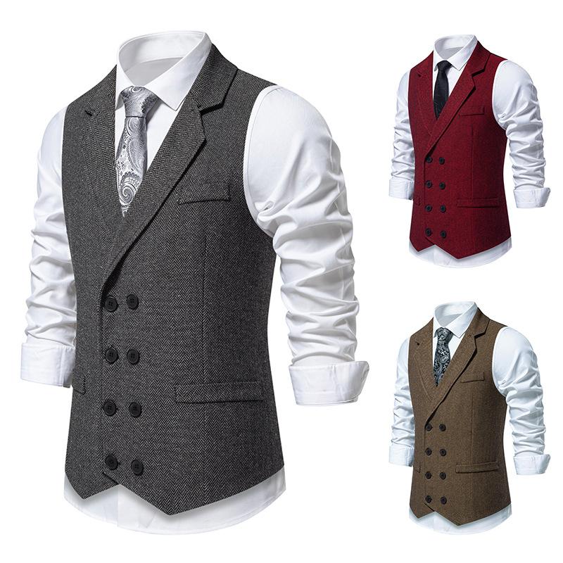 Autumn Men's Herringbone Stitched Satin Inner Vest Business Casual Formal Suit Fake Pocket Vest Double Breasted Suit Vest