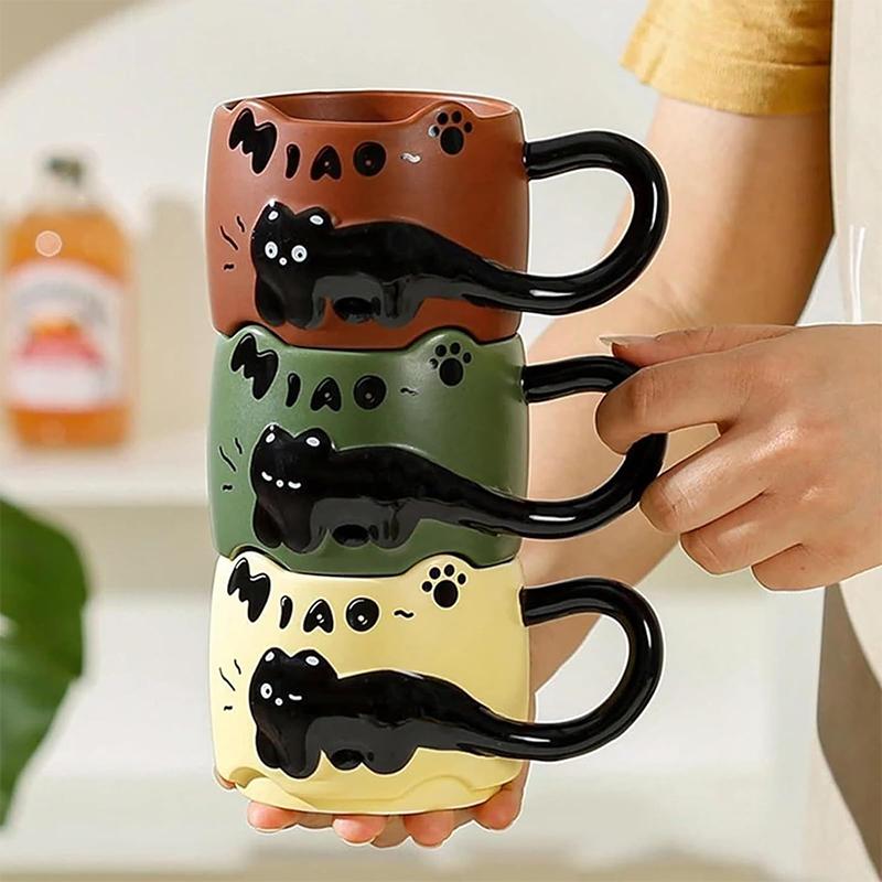 Cat Stacking Mug Creative Cute Cartoon Cat Ceramic Coffee Cup Fun Cat Tail Integrated Handle Cup Couple Water Cup Birthday Gift