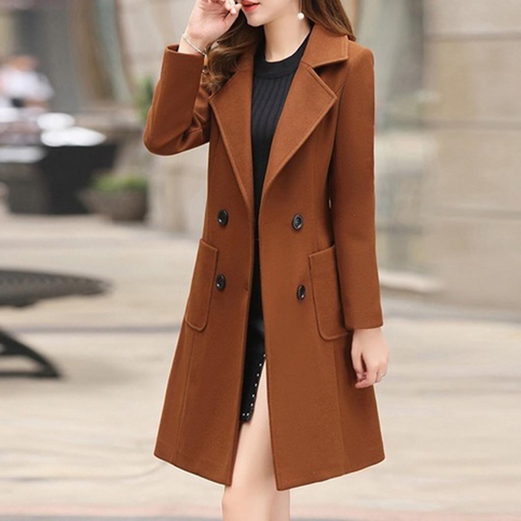 Womens Winter Lapel Button Long Trench Coat Jacket Ladies Overcoat Outwear