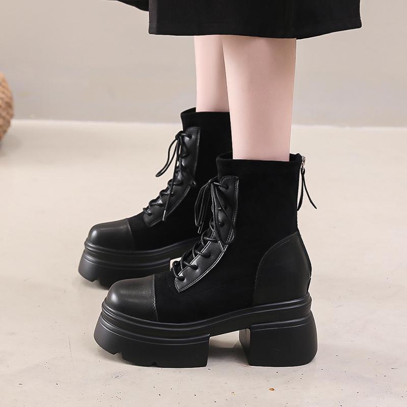 New Winter Thick Heel Cotton Boots for Women Round Head Suede Splicing Front Strap Thick Sole Non-slip Short Boots