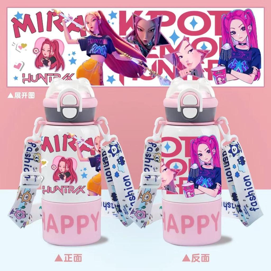 Kpop demonjägare Vattenflaska Dubbla lock med Sugrör och Rem 500ml, 316 Rostfritt Stål, Läckagesäker Anti-Mislock