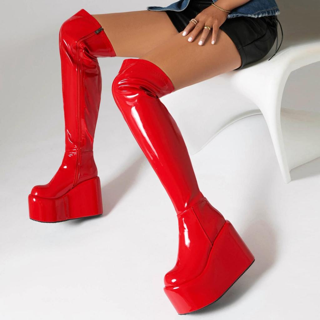 Krazing Pot PU Leather Spring Winter Keep Warm Shoes Super High Heels Waterproof Wedges Stretch Boots Zipper Women Over-the-knee Boots