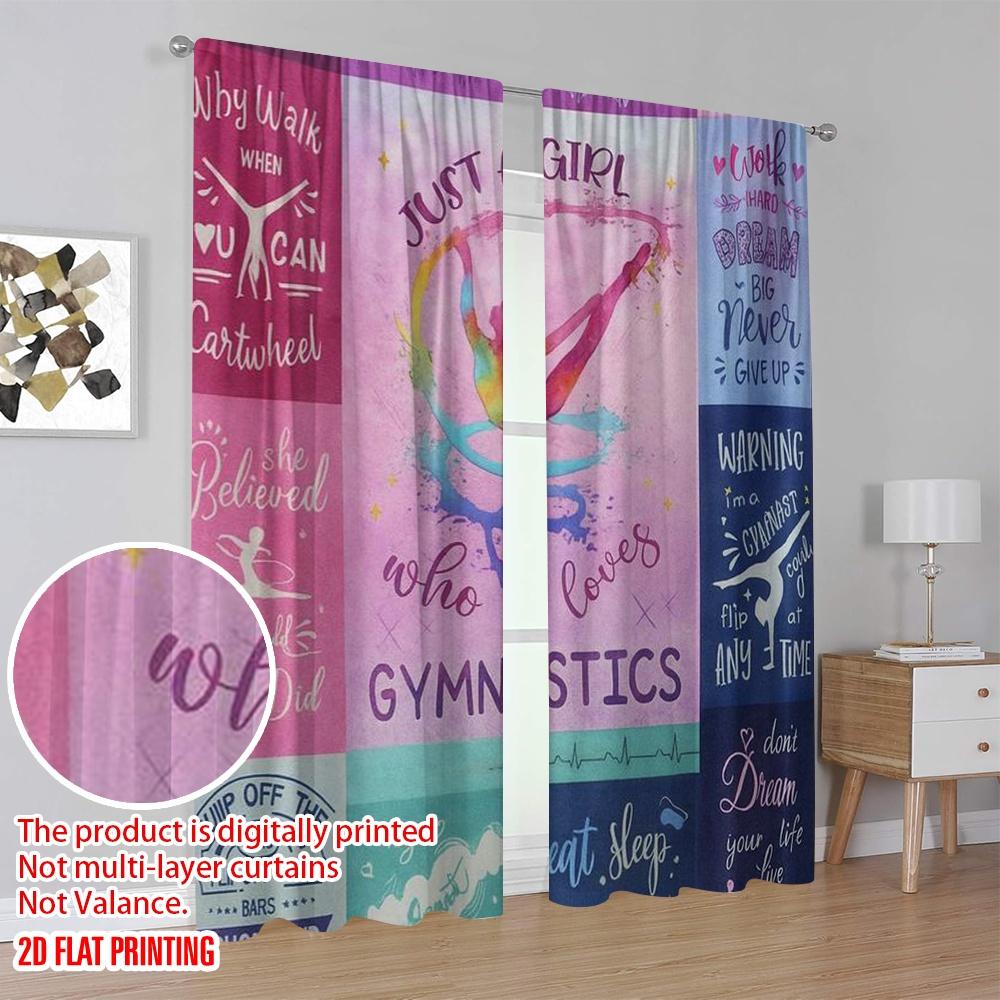 2pcs,2D Plane Printing Window Curtain Gymnastics Motivation Versatile 100% Polyester (without Rod) Home Decor for Living Room &