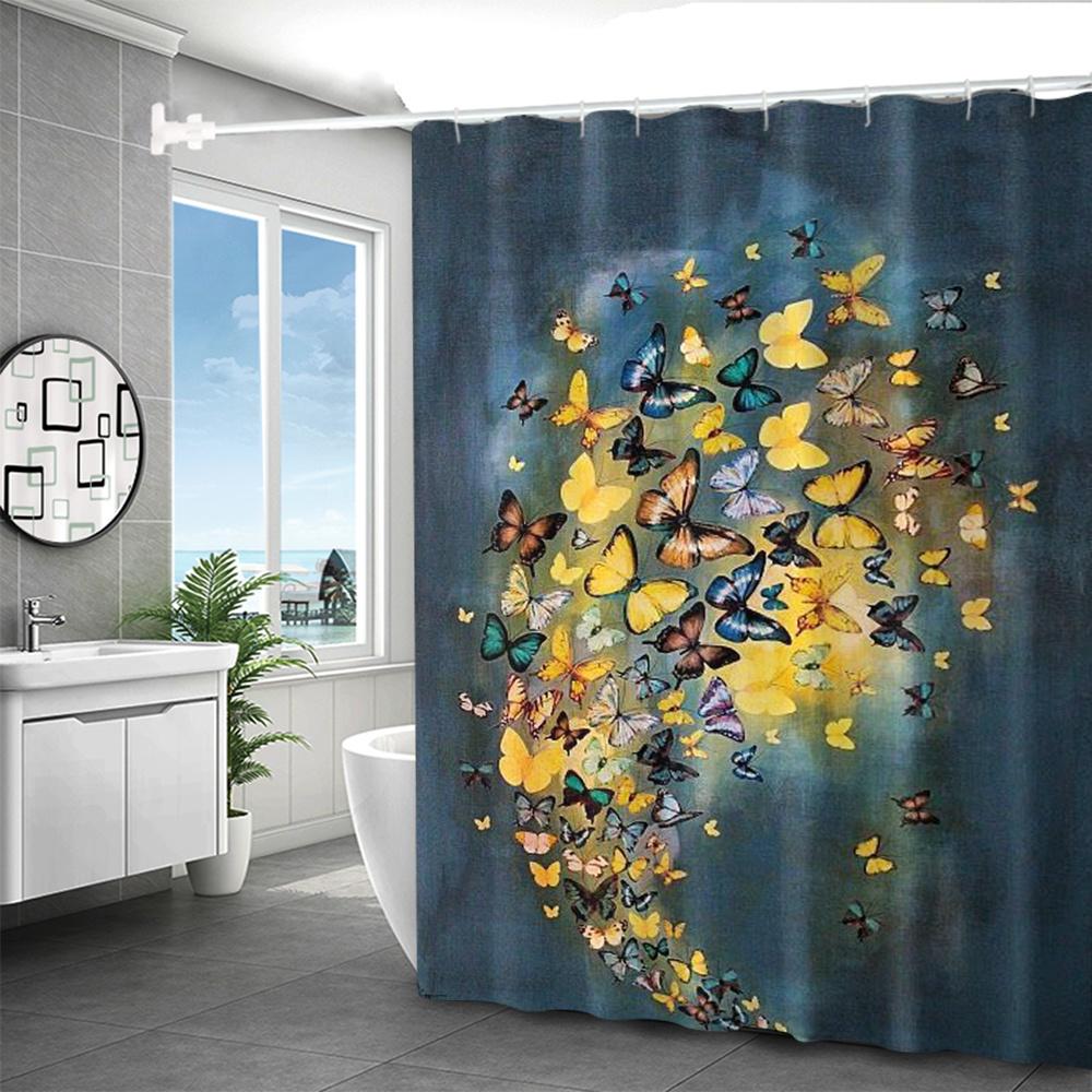 1pc Butterfly Print Polyester Shower Curtain with Hooks - Vibrant Cartoon Design, No Drill Needed for Bathroom Decor