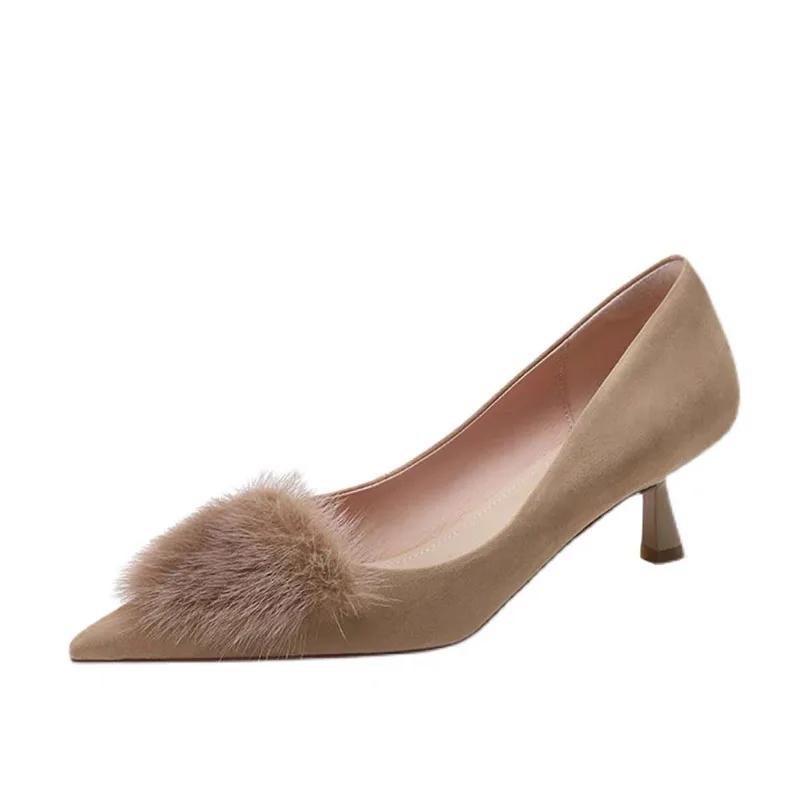 Móda Nové Dámské Lodičky Umělá Kožešina Mokasíny Špičatá Špička Střední Podpatky Boty pro Office Lady Černé Nazouvací Tenké Podpatky Společenské Boty Podzim 9981N