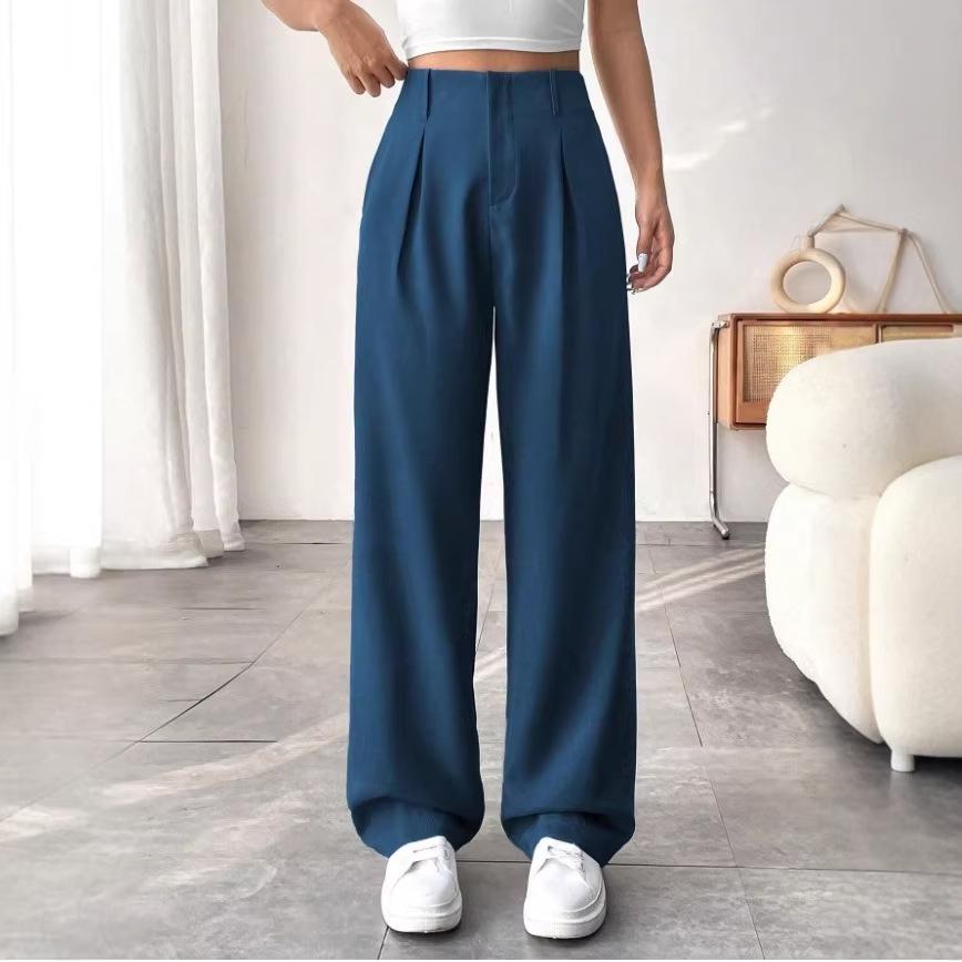 European & American Women's High-Waist Straight-Leg Business Casual Pants - Solid Color Draped Style (2026)