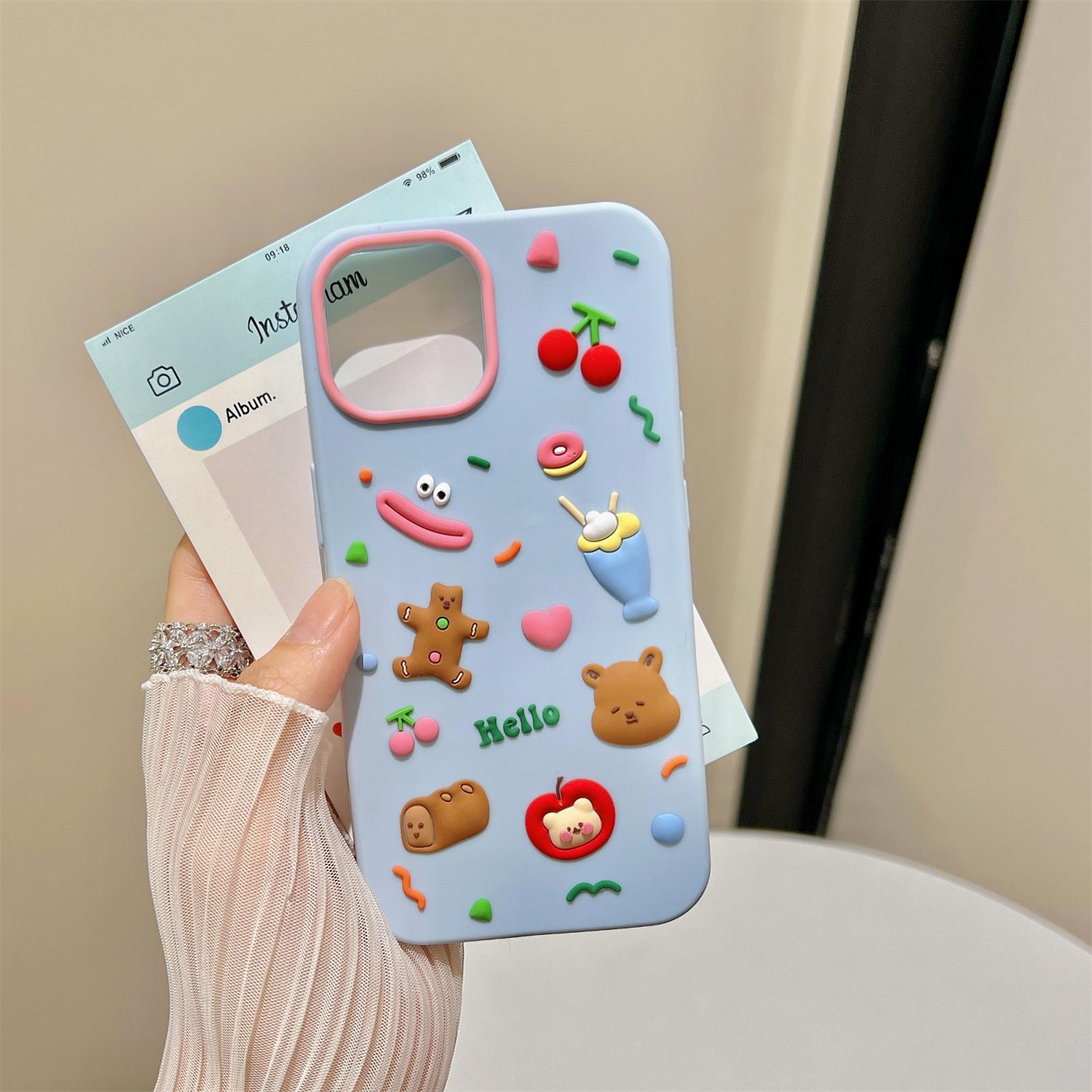 

For iPhone 15 Silicone Case Cute Hello Bear Design Shockproof Phone Back Cover Pink