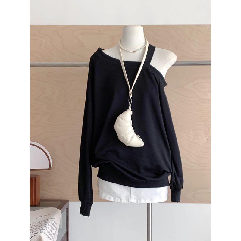 Women's Off-the-Shoulder Gray Sweatshirt 2025 - Loose, Mid-Length, Oversized Top for Spring and Autumn