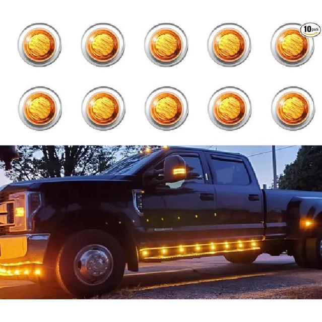 3/4  Chrome Bezels Amber Round Marker LED Lights Side Clearance Tail Amber
