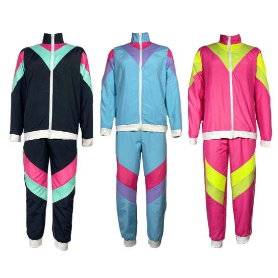 2Pcs/Set Disco Tracksuit Retro 80s Sportswear Long Sleeve Color Block Zipper Jacket High Waisted Long Trousers Set Men Women Party Wear