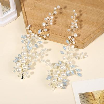 2PCS Bridal Handmade Flower Minimalist Headpiece Pearl Water Diamond Hairclip Forest Edge Clip Hair Accessories