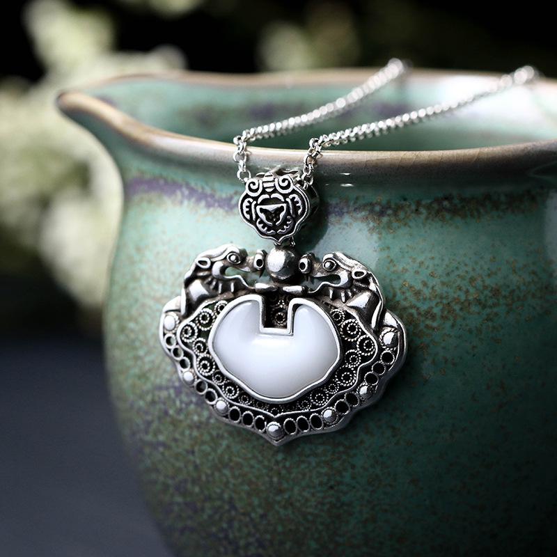 Electroplated Thai Silver Necklace with Imitation Hetian Jade Ruyi Pendant