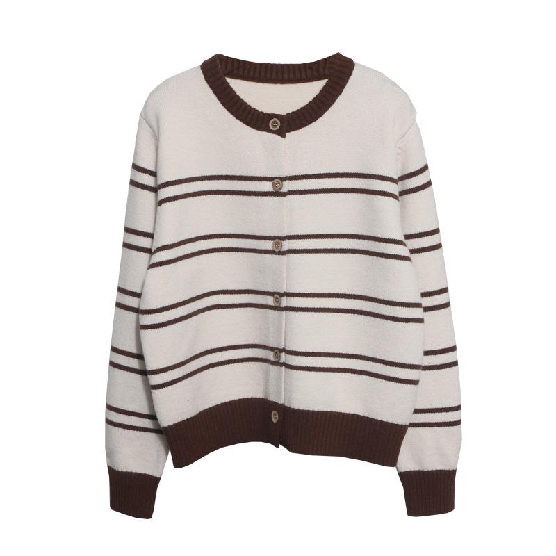 Korean Style Retro Color Block Striped Cardigan Sweater - Thickened Autumn/Winter Outerwear Women