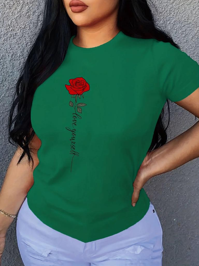 Letter & Rose Print T-Shirt, Crew Neck Short Sleeve T-Shirt, Casual Every Day Tops, WoUnisex Clothing Unisex