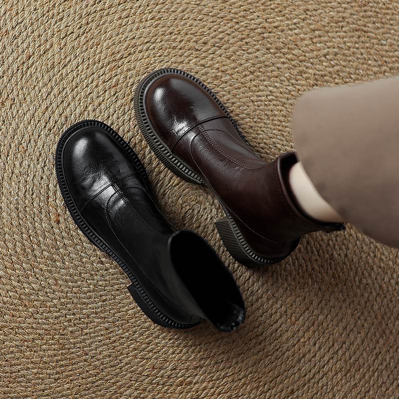 Krazing Pot Microfiber Autumn Winter Shoes Chunky Heels Size 40 Round Toe Zipper Retro Waterproof Stretch Ankle Boots