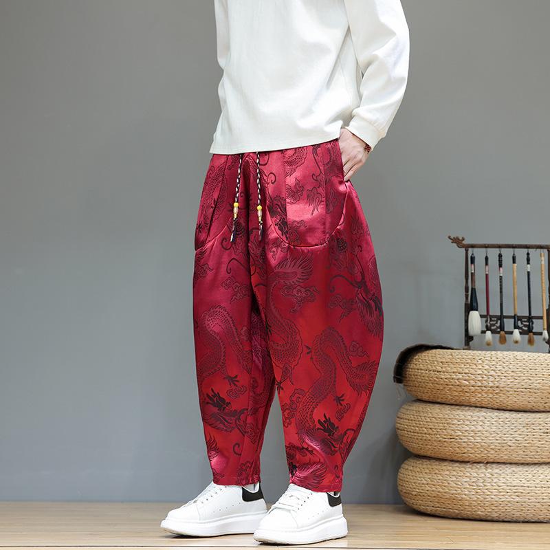 Men's Blue Dragon Jacquard Harem Pants Satin Drawstring Wide Leg Trousers