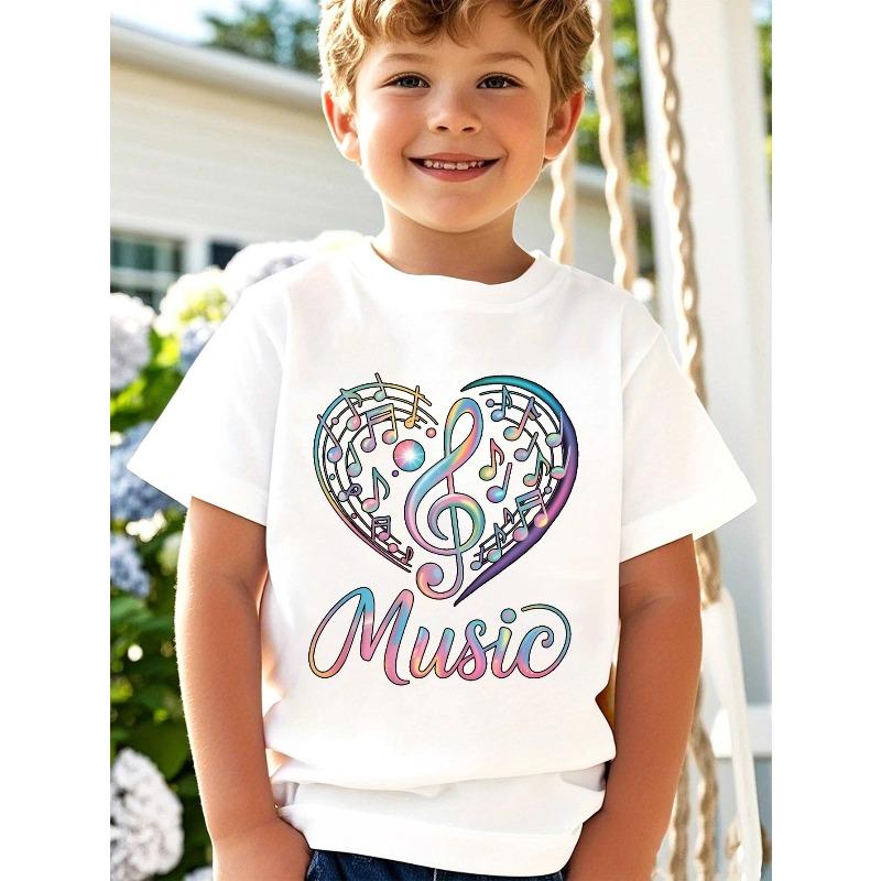 Boys Crewneck Short Sleeve T-Shirt, Music Theme Innovative Print Lightweight Comfy Casual Summer Tops for Teens 110