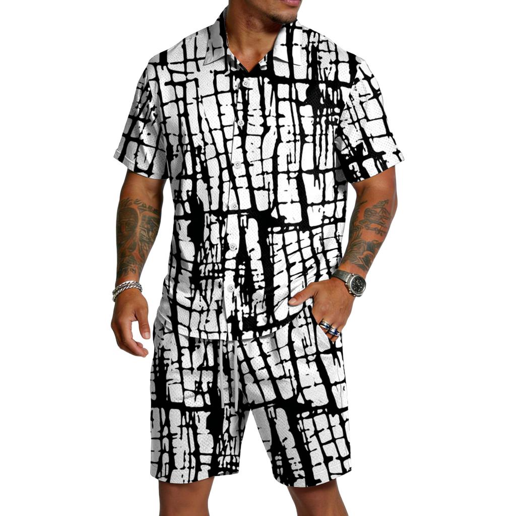 Men's Casual Short Sleeve Button Down Shirt and Drawstring Shorts Set Lightweight Breathable Fabric Textured Print Summer Outfit
