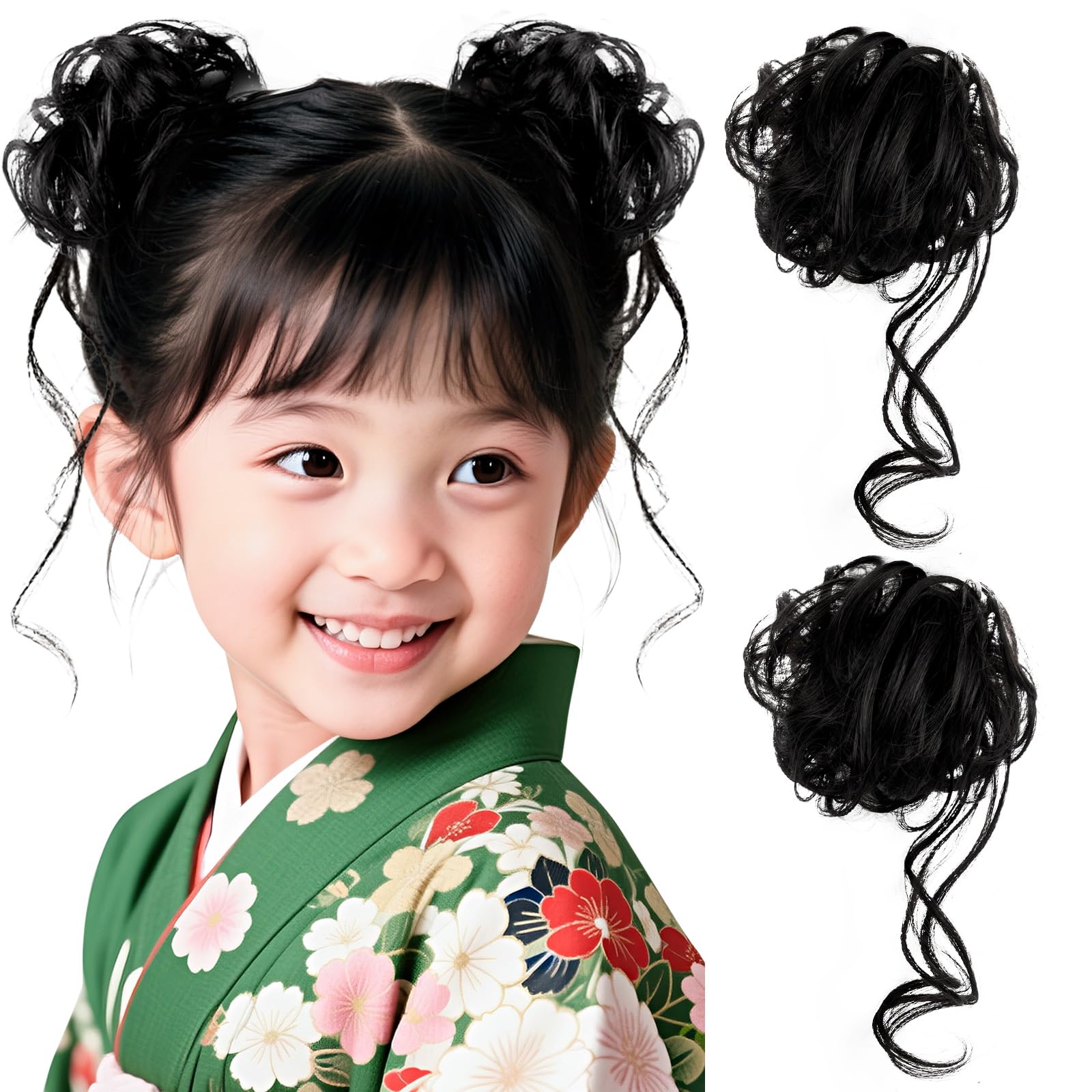 

OTAKUMARKET Набор из двух пучков-париков с локонами и в стиле scrunchie, идеально подходит для Сити-Го-Сан, юкаты и японской одежды, поступления в детский сад и