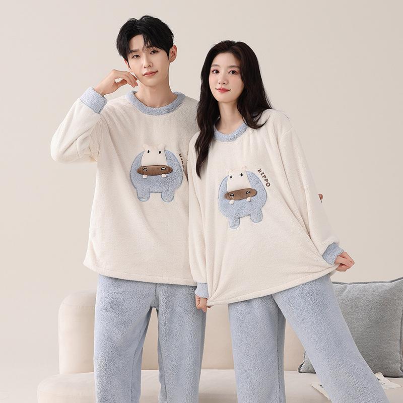 Pijamale de cuplu din fleece Snowflake pentru bărbați și femei, toamnă și iarnă, fleece îngroșat din fleece de corali, set drăguț de îmbrăcăminte de casă caldă cu desene animate