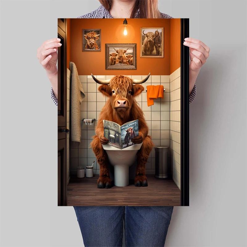 Goldendoodle Affe Hochlandrind auf der Toilette Zeitung lesend Poster Tierdruck Leinwandbild Lustige Badezimmer Wanddeko