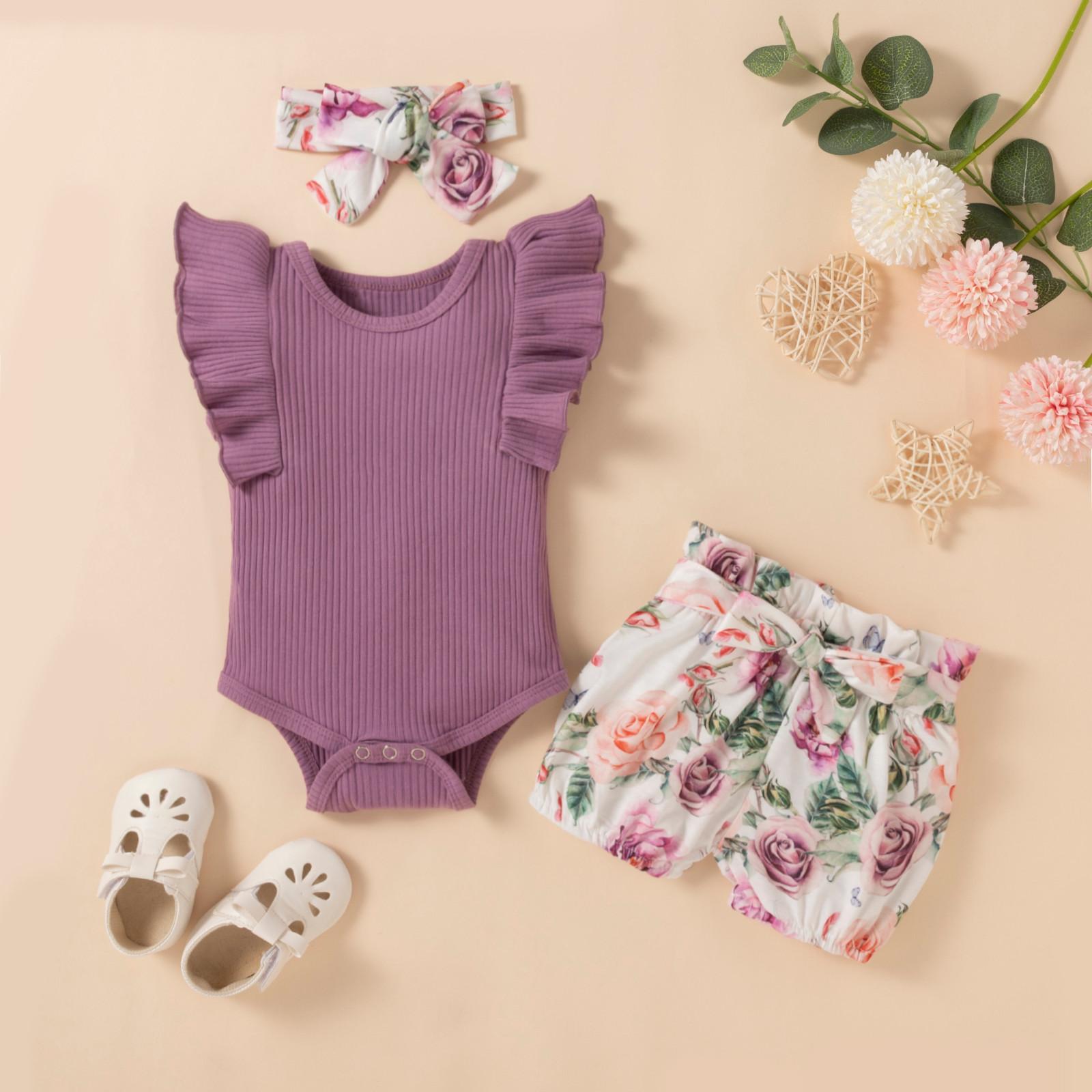 

Костюм для новорожденных девочек, летний короткий комплект, комплект из 3 предметов, короткий комбинезон 70 фиолетовый