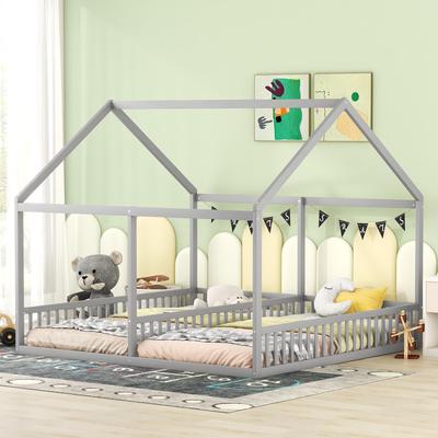 Pat tip căsuță 90x200cm, pat pentru copii 2-în-1 cu protecție laterală și somieră, pat funcțional pat dublu pentru doi copii, Fără saltea