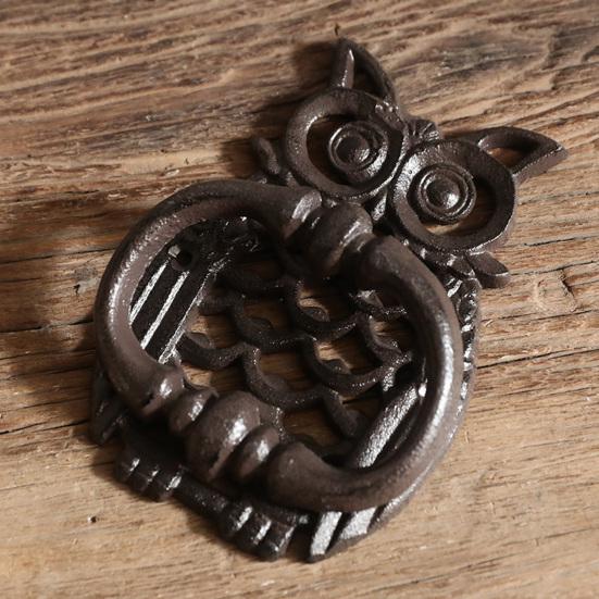 Huaqianguhh Retro Owl Door Knocker, Wrought Iron Hollow Carved Wall Decor, Multi-use Thickened Rustproof Cabinet Pull Handle, Pre-Drilled Holes