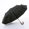 Solid Wood Curved Handle Fully Automatic Folding Umbrella for Men, Ten-Rib Reinforced, Dual-Use for Sun and Rain, Thickened Black Coating for Sun