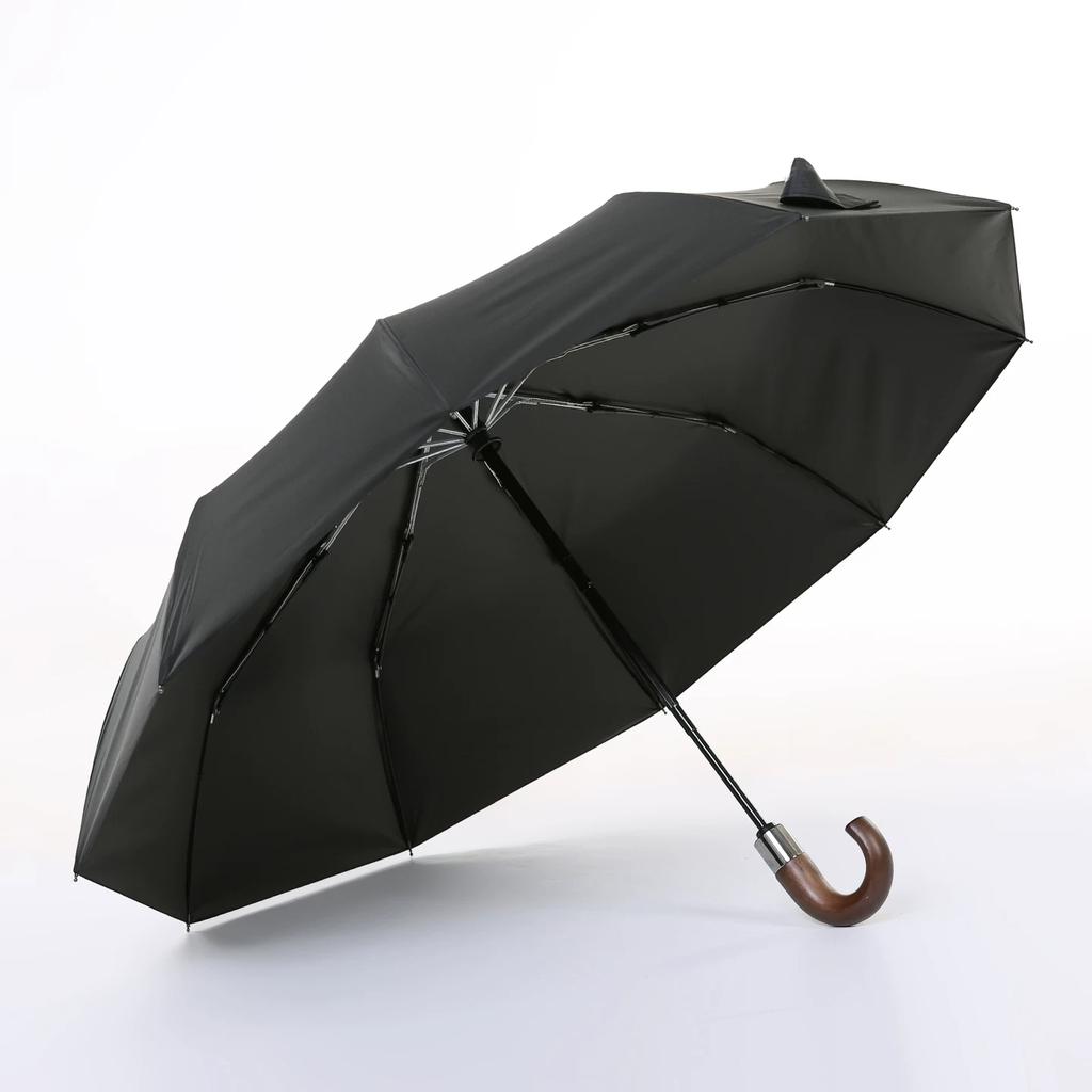 Solid Wood Curved Handle Fully Automatic Folding Umbrella for Men, Ten-Rib Reinforced, Dual-Use for Sun and Rain, Thickened Black Coating for Sun