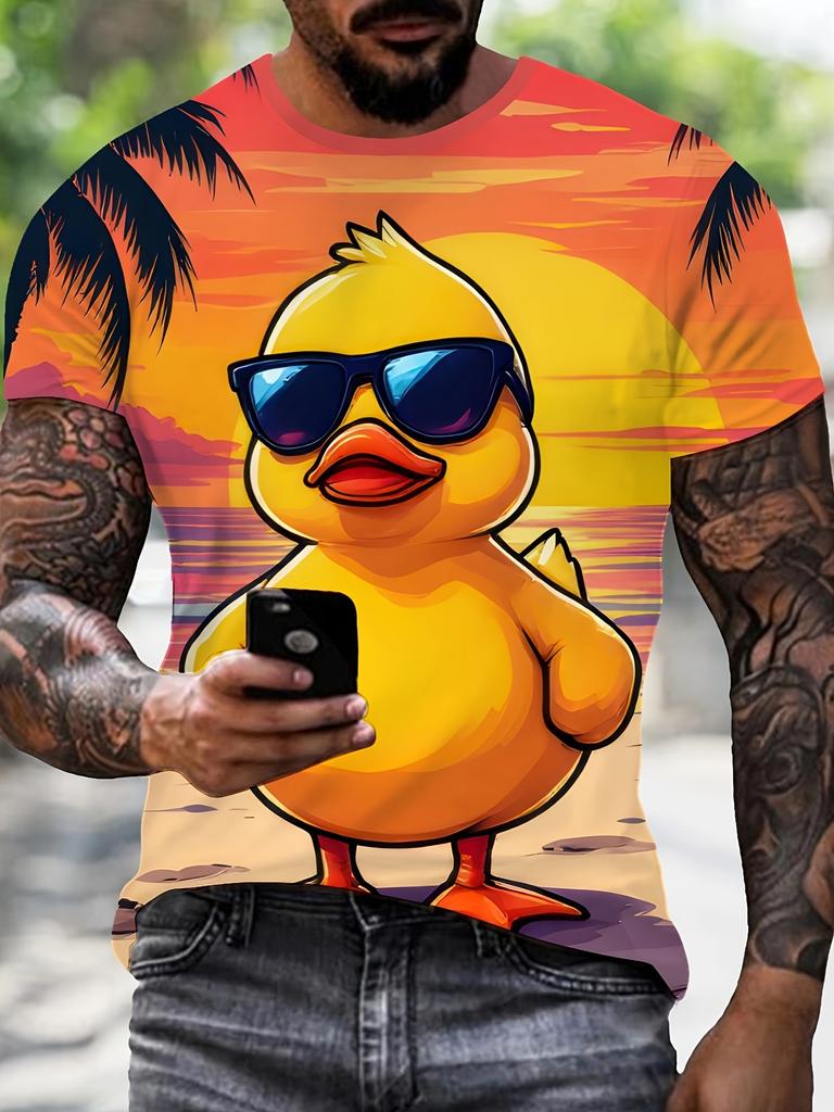(Selection) Summer Fashion Men's Short Sleeve-Shirt, Beach Vacation Duck Pattern 3D Print Men's Crew Neck-Shirt, PLUS SIZE