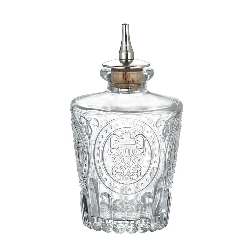 Láhev na koktejlové bitters - Vintage skleněný design s korkem a nerezovým dávkovacím uzávěrem - Profesionální barový set, příslušenství