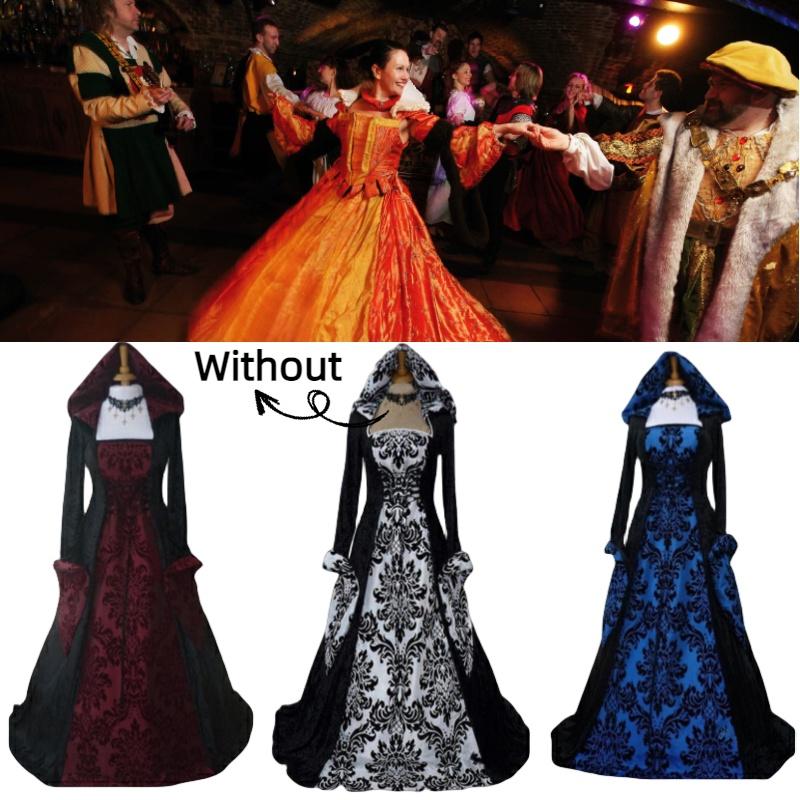 Stylish And Elegant European And American Women's Banquet Medieval Hooded Swing Dress With Floral Print Retro And Artistic Long Sleeves And Waist Tie