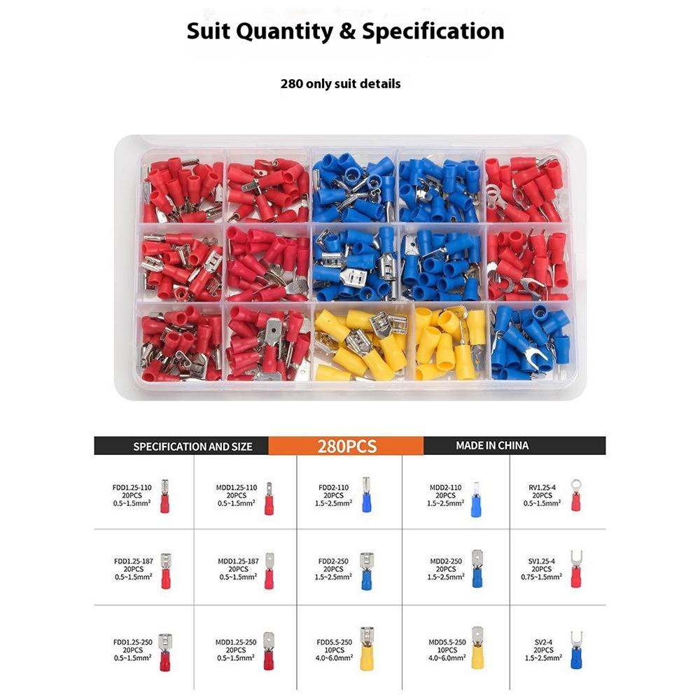 280Pcs Insulated Ring Terminals Assorted Kit Cold Press Electrical Wire Crimp Connectors