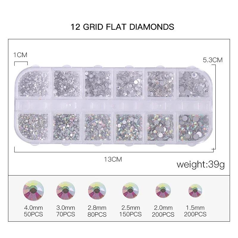 750 Stück Nagelkunst-Dekorationen, AB-Kristall-Nagel-Strasssteine in mehreren Größen, flache Unterseite, kristallklare Diamant-Edelsteine, DIY-Nägel, Glitzer