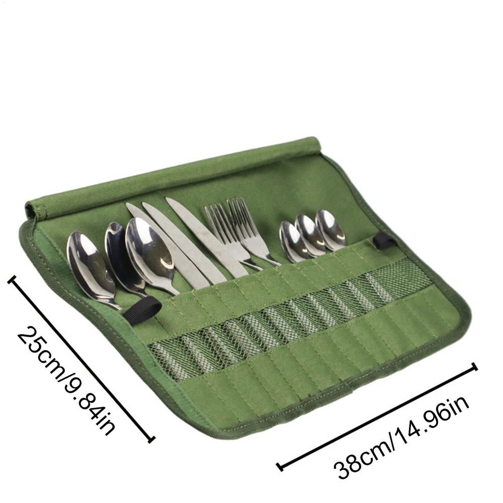 

Portable Travel Tableware Storage Bag Travel Camping Cutlery Set Organizer Portable Cultery Carrier Tableware Organizer Roll Bag зелений