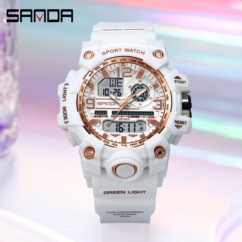 SANDA G-Style Ladies Watches Waterproof Outdoor Casual Clock Sports Military Women Watch Quartz Digital Dual-display Wristwatch