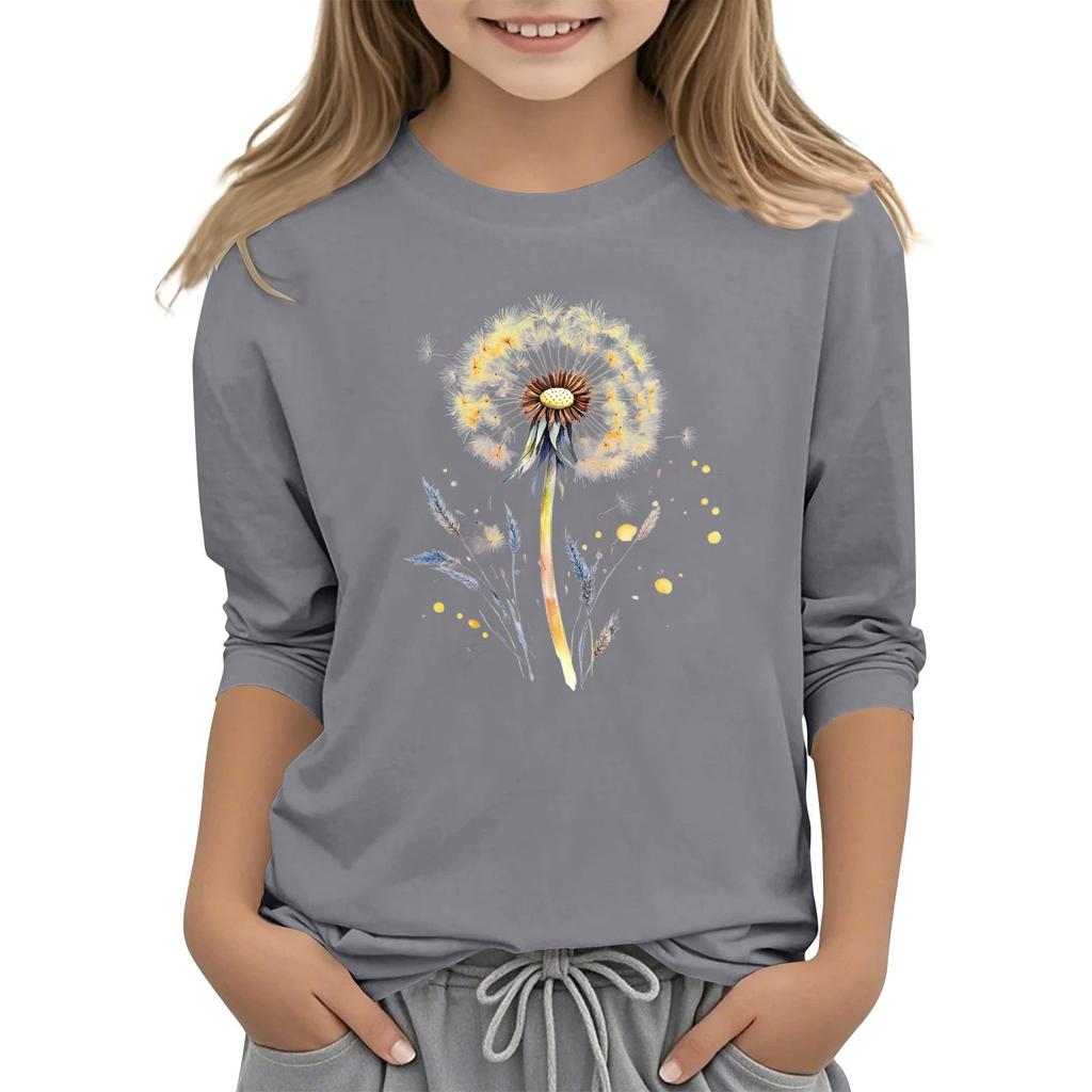 Children's 3/4 Sleeve Round Neck Flowers Print Casual Top
