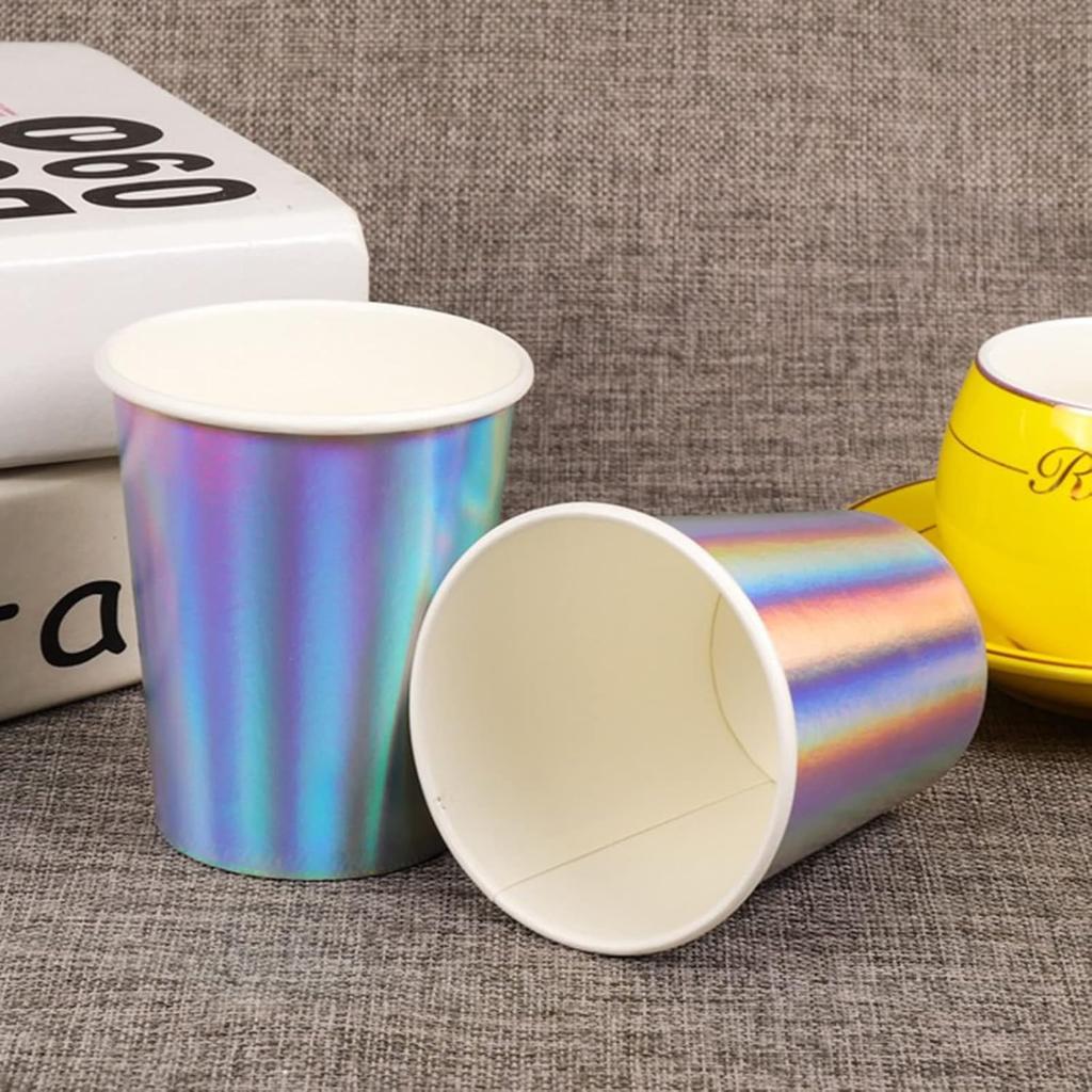Iridescent Paper Cups 9 oz [50 pack] Disposable Coffee Cup Hot Cold Drinks Tea Water Milk Juice Beverages Holographic Rainbow Party Decorations for