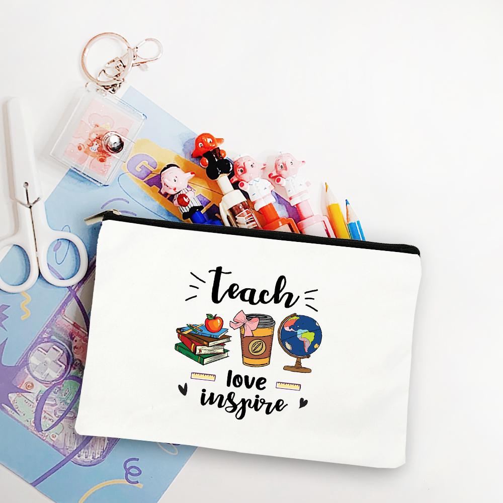 Blessed Teacher Life Leopard Makeup Bags Student White Pencil Pouch Teacher Shopping Handbag Storage Bag Teachers' Day Best Gift