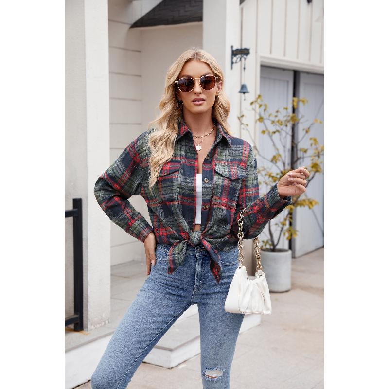 Spring and Autumn Women's New Casual Fashion Loose Plaid Pocket Shirt Jacket