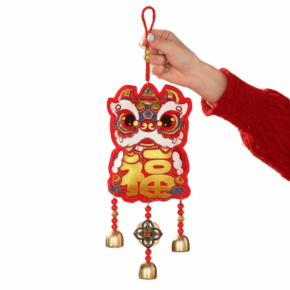 Good Luck Chinese New Year Festival Pendant Lion Dance Pattern Embroidery Hanging Ornament Hanging Bell Decor Door Decor