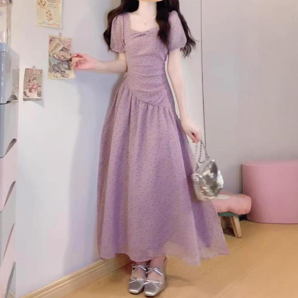 Trendy Slim-Fit Polka Dot Dress with Square Neck, Short Sleeves – Summer 2026 Korean Style.
