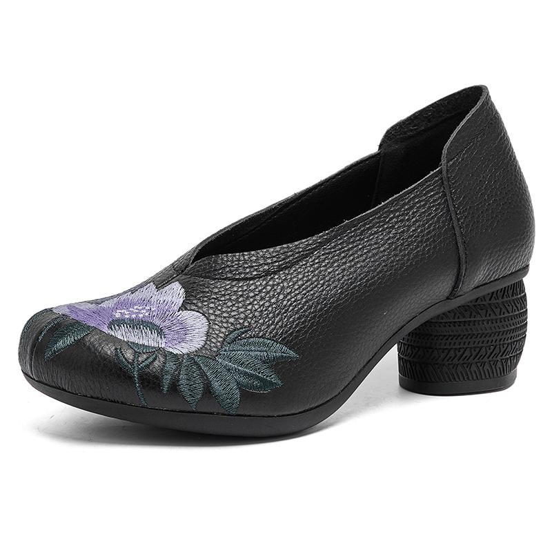 Fashion GKTINOO 2025 Spring Embroidery Genuine Cow Leather Shoes Women Shoes Fashion Mom Shoes Woman Ethnic Handmade Shoes High Heels
